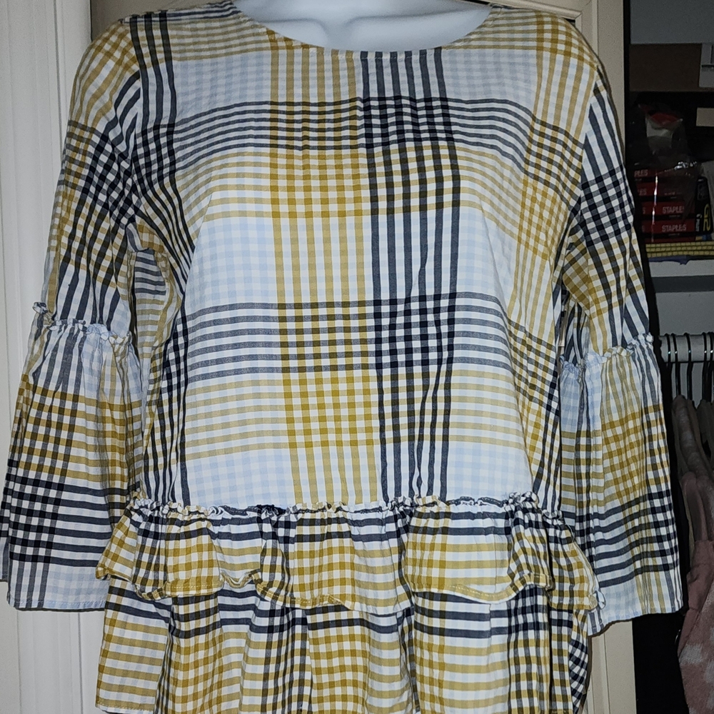 Ann Taylor Factory Plaid Ruffle Blouse - Black, Yellow, White